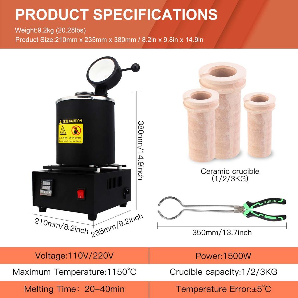 1400W 1-3KG Gold Melting Furnace, Electric Jewelry Melting Machine with Crucible & Ingot Mold, for Gold & Silver