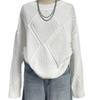 Top Women's Diamond-shaped Jacquard Loose Lazy Style Casual Pullover Sweater Round Neck Long-sleeved