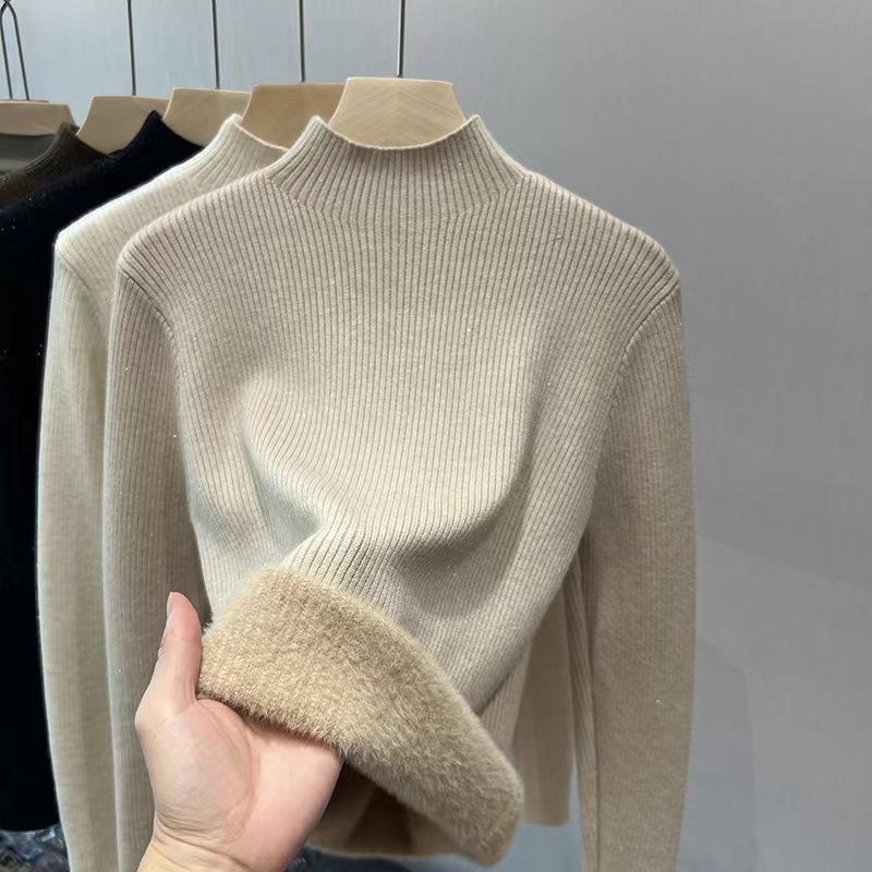 Women's Autumn Winter Half-High Neck Sweater Fleece-Lined Thickened Integrated Fleece Knit Top Warm Inner Wear Base Layer