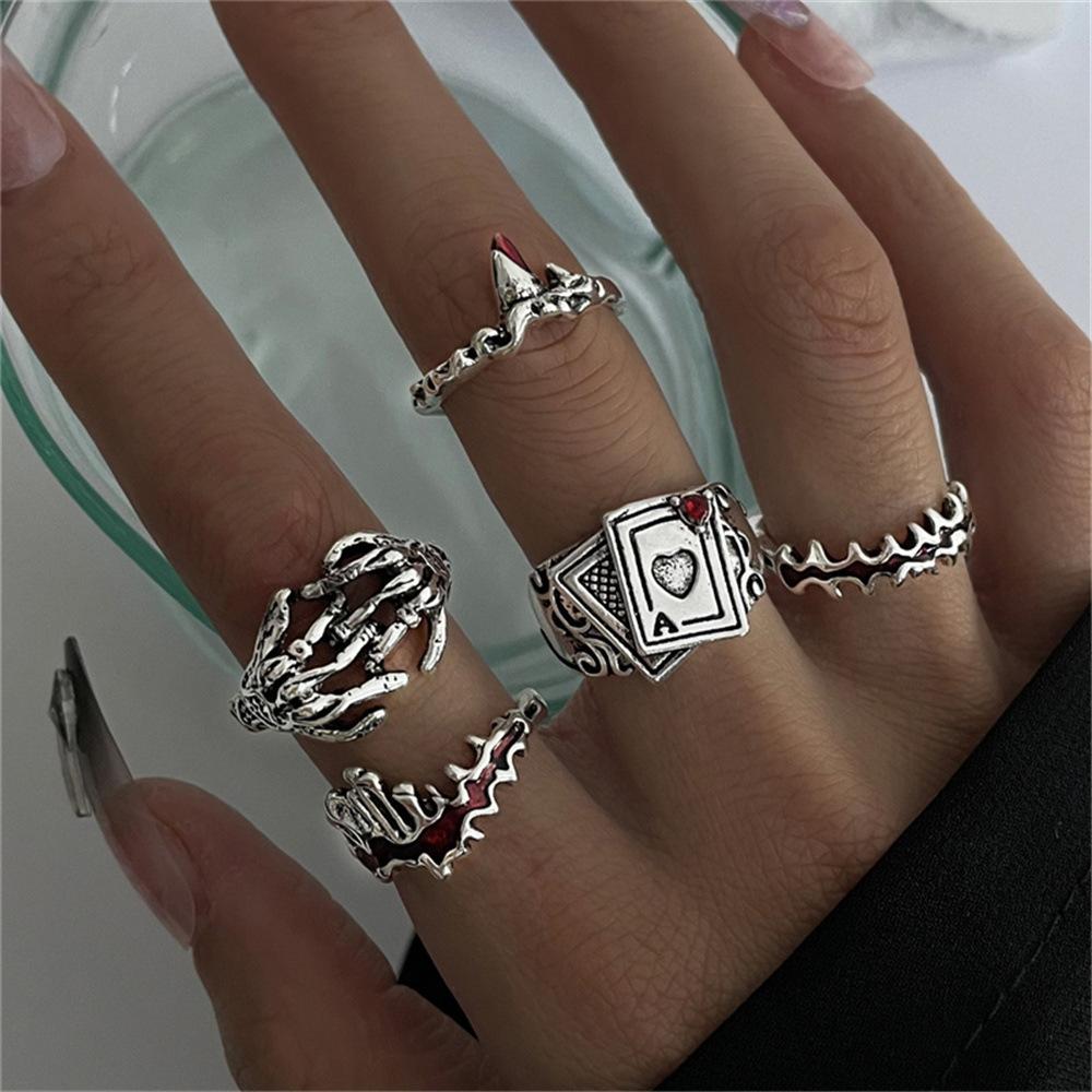 European and American Dark Fantasy Exaggerated Diamond-encrusted Poker Card Butterfly Crying Face Frog Organ Vintage Alloy ring23Set
