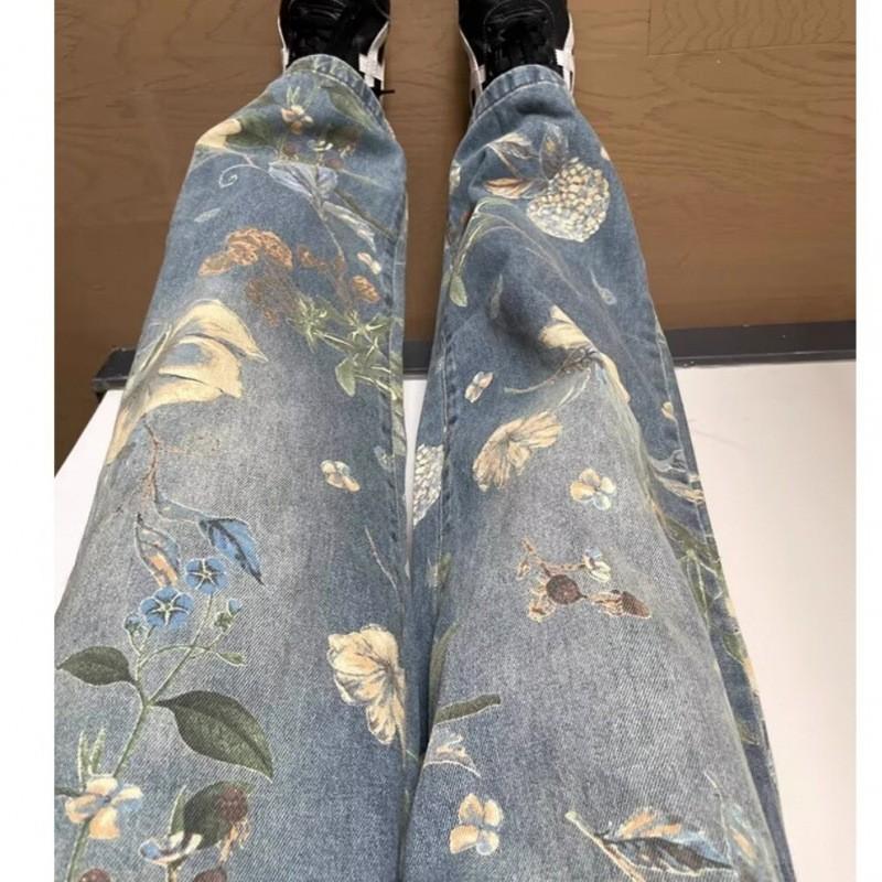 Slimming Floral Print Wide Leg Denim Pants Women Men Loose Fit 2025 Casual Trousers With Washed Effect