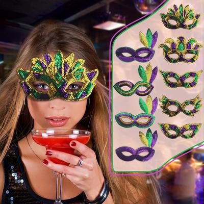 Gold Purple Green Feather Sequin Half Face Mask Masquerade Performance Mask