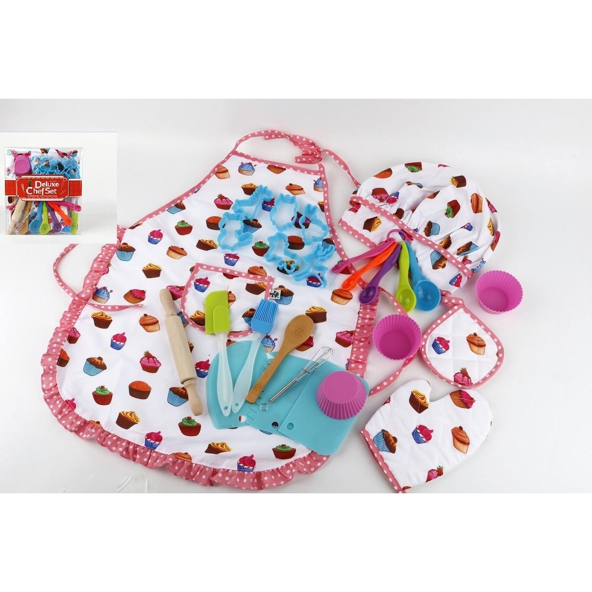 

Кулинарный набор, детский милый набор для выпечки, набор кухонных игрушек, аксессуары, фартук со шляпой шеф-повара, перчатки для духовки, держатель для кастрюли, формочка для печенья в качестве детского кухонного подарка 26Pcs,OPP
