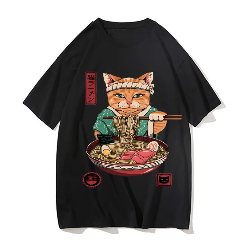 Cute RaUnisex Noodles Womens TShirt Japanese Cat Style Summer ShortSleeve Printed TShirt Cartoon Clothing Streetwear Y2K Top S