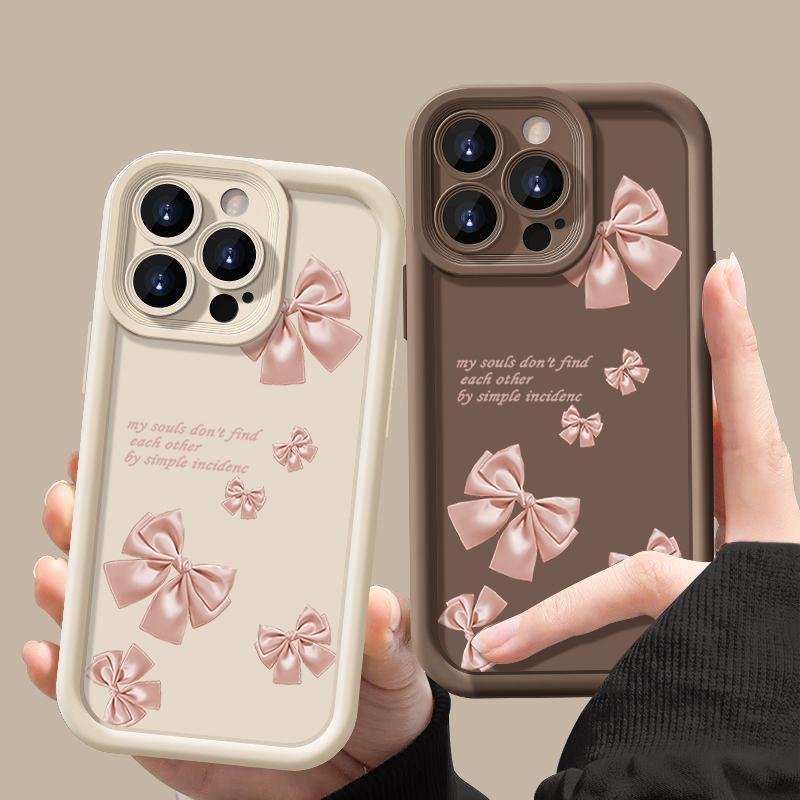 Pink Bowknot Pattern TPU Soft Matte Phone Case For iPhone 16 Pro Max 15 Pro 14 13 12 11 XR XS Shockproof Lens Protection Bumper Cover