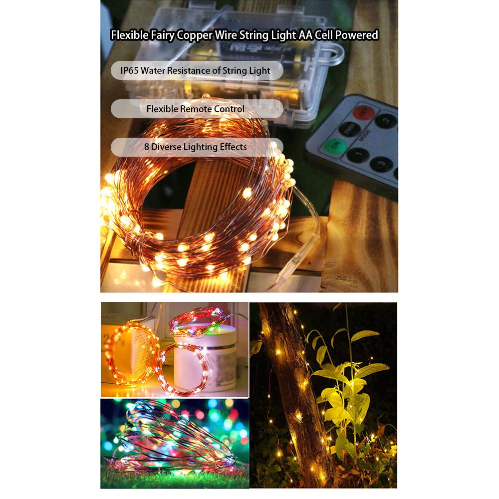 20M/65.6ft 200 LEDs Fairy Lights Copper Wire Lamp Christmas String Light 8 Lighting Modes with Remote Control 3 * AA Cell Powered for Wedding Party
