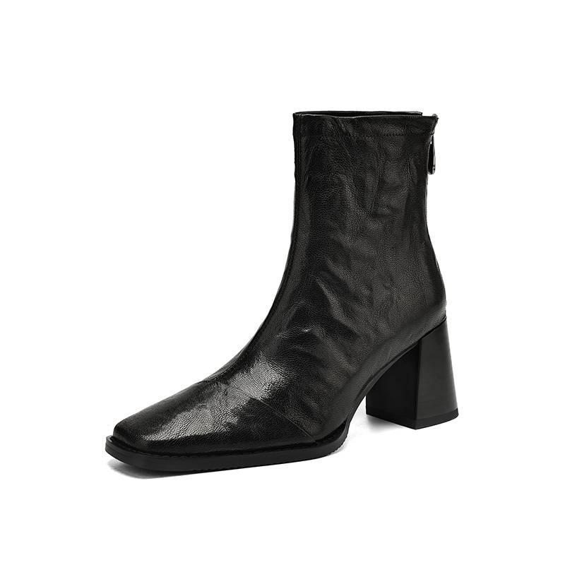 Autumn and winter women's leather boots high heel large size women's boots zipper leather low tube student square head versatile cowhide short boots