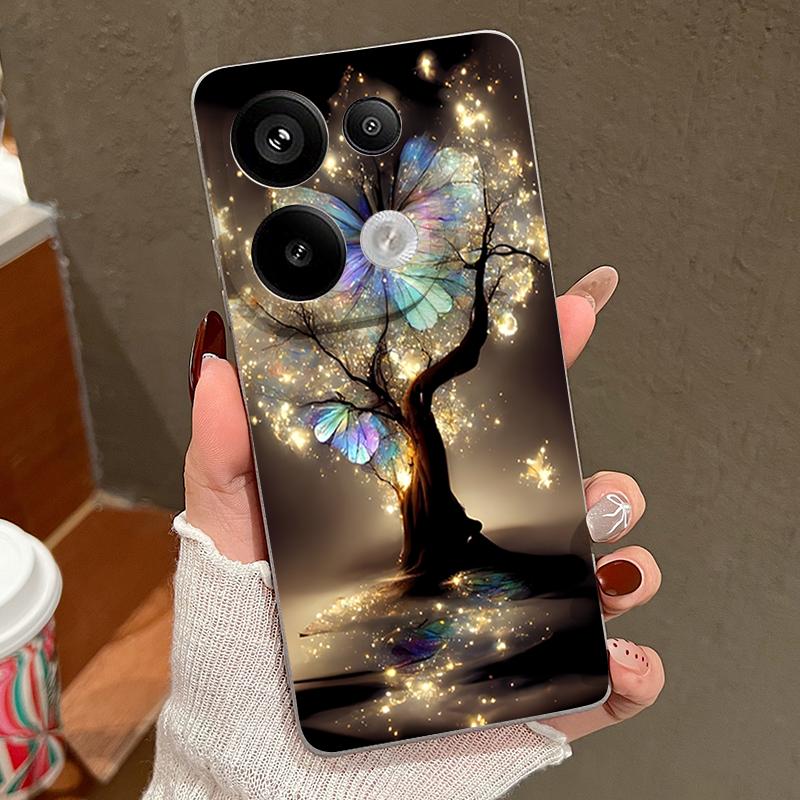 Shining Fantasy Tree Butterfly Pattern Case For Xiaomi Redmi Note 14 13 Pro 5G 4G 12 11 Funda Xiaomi 14T 13T 11T Pro Leather Texture Silicone Cover