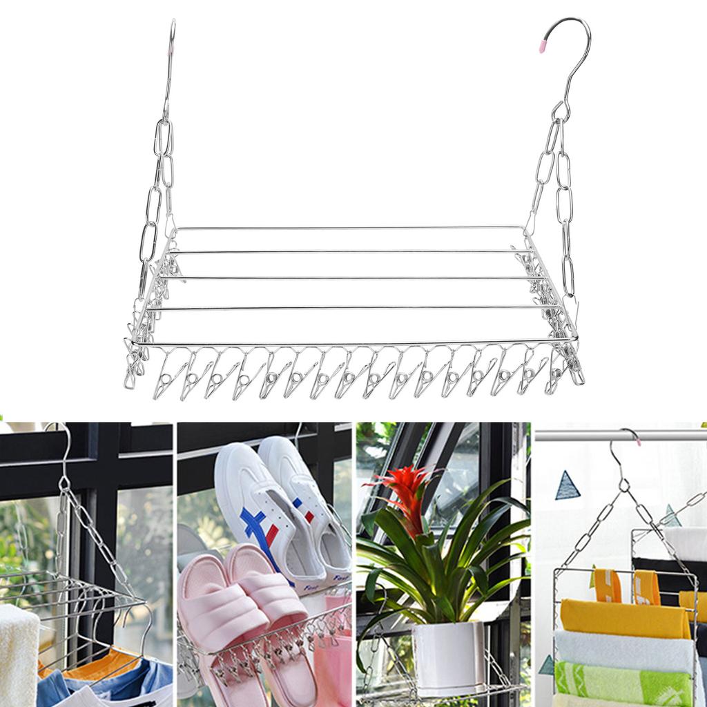 Clothes Drying Rack with 36 Clips Stainless Steel Socks Shoes Hanger Organizer for Balcony