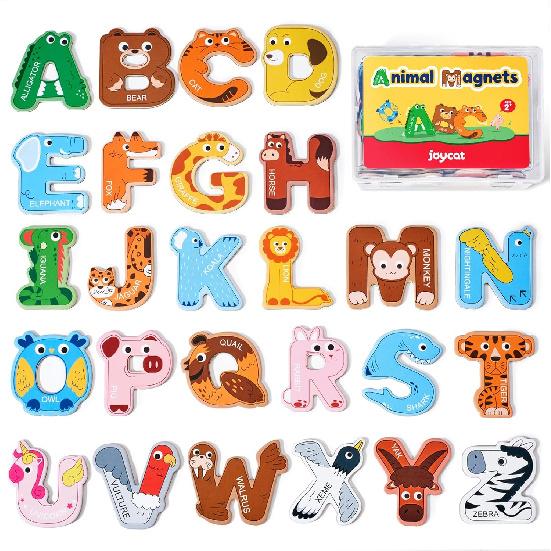 JoyCat Wooden Thick Alphabet Magnets for Toddlers Fridge Large Size Cute Animal Colorful ABC Magnetic Letters 26 Uppercase Letters Educational Toy