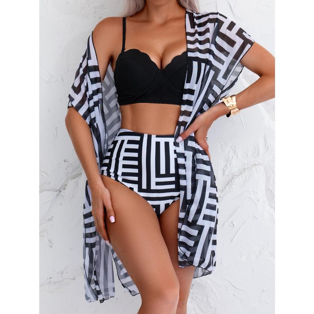 1 Set Badpak Bladprint Hoge Taille Mesh Jas Driehoek Slank Makende Bikini Badpak Dames Set