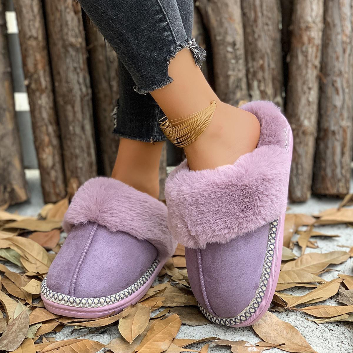 

мода осень зима мода искусственный мех тапочки женские закрытый носок мягкая подошва хлопковые шлепанцы женские уютные теплые пушистые плюшевые плоские домашние тапочки 36-37 фиолетовый