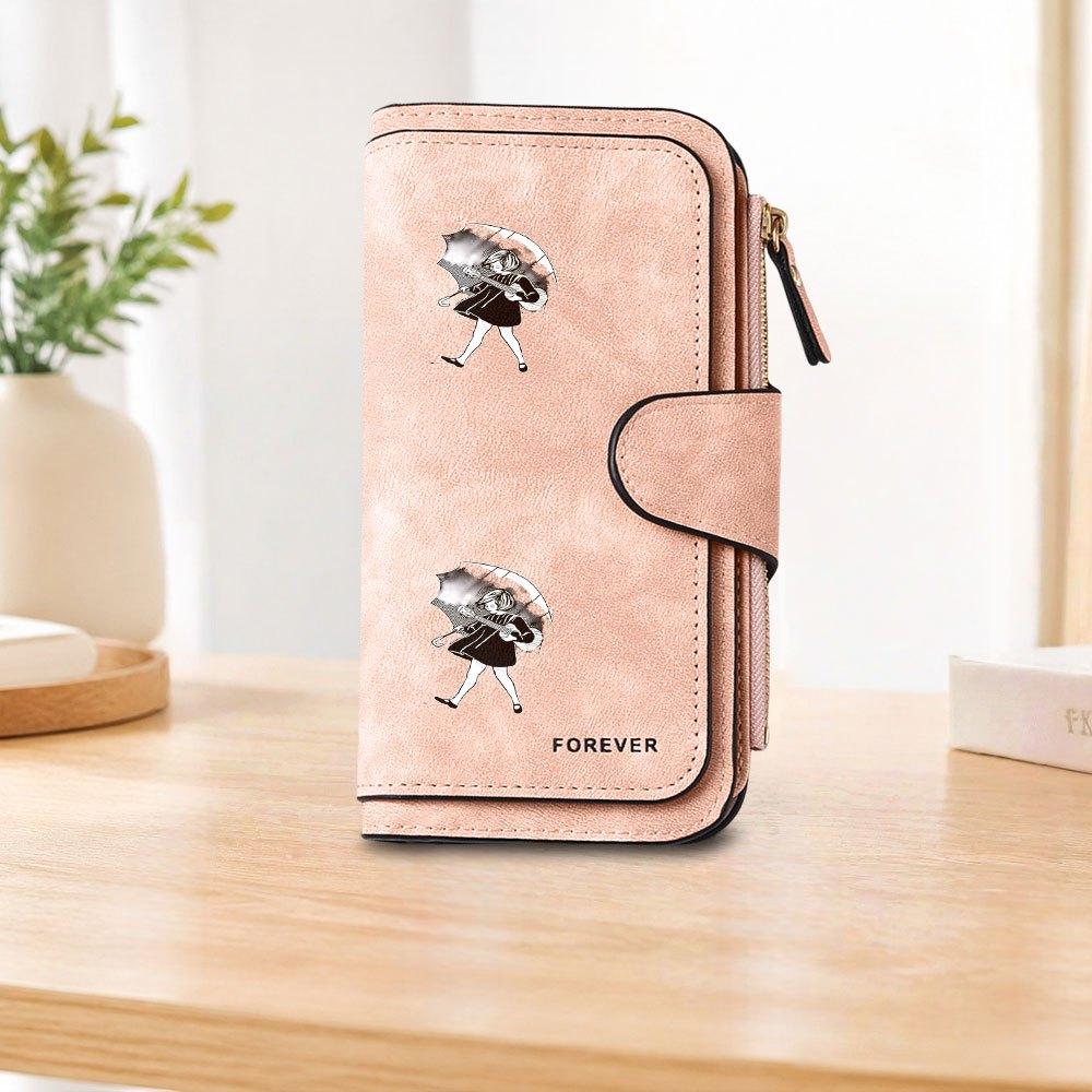 Girl with Umbrella and Piano Long Zipper Wallet, Large Capacity Card Holder, Unisex Clutch Bag, Fashionable Zippered Coin Purse, Suitable for Daily