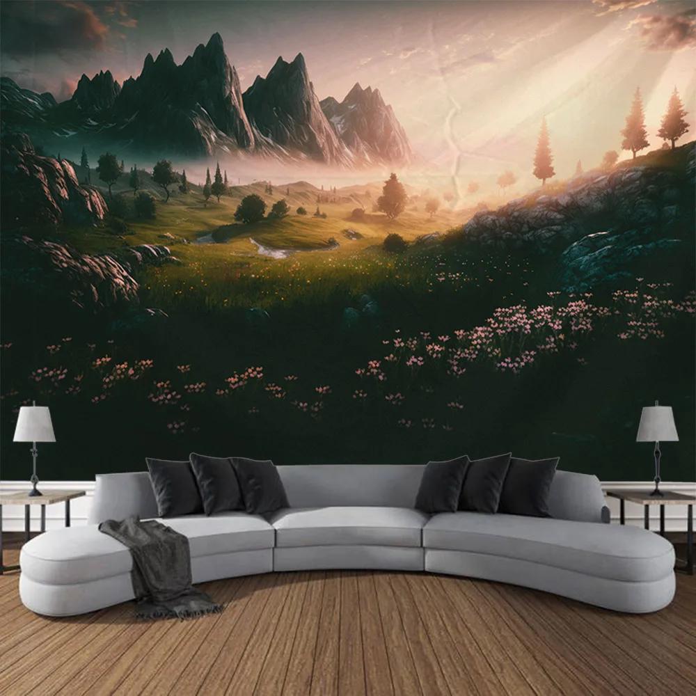 Dreamy Landscape Tapestry, Grassland Forest Wall Hanging Cloth, Living Room And Bedroom Background, Aesthetic Home Decoration