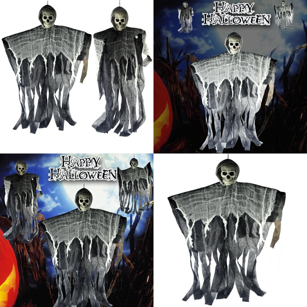 Durable 100cm Halloween Skeleton Hanging Reaper With Realistic Skull And Hood