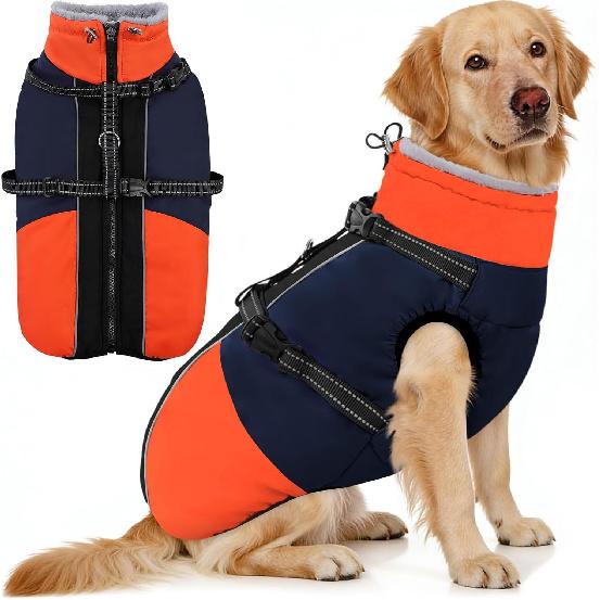 AOFITEE Dog Coat for Large Dogs, XXXL Dog Winter Jacket with Harness Built in, Turtleneck Cold Weather Coat for Extra Large Dogs, Reflective Pet