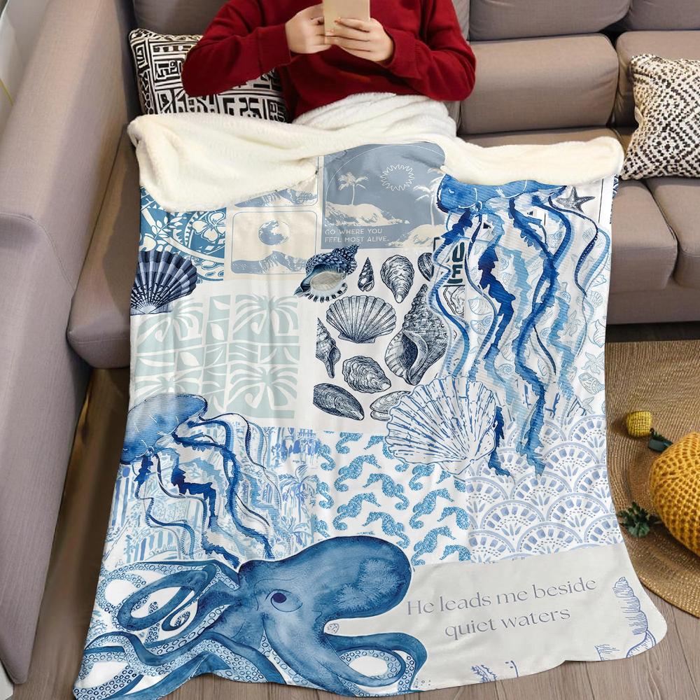 Oceanic Collage Flannel Blanket Warm Soft Halloween Christmas Couch Warm Cozy Decorative Decor Gift For All Season