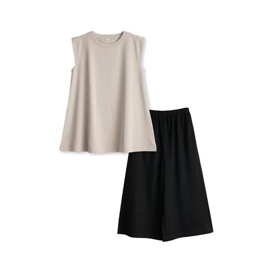 Pajamas for women, 100% cotton, T-shirt material, soft, comfortable, top and bottom set, sleeveless, plain, spring, summer