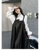 Yamamoto Women's Dark PU Leather Suspender Dress - Shiny, Loose-Fit, Spring/Autumn Fashion.