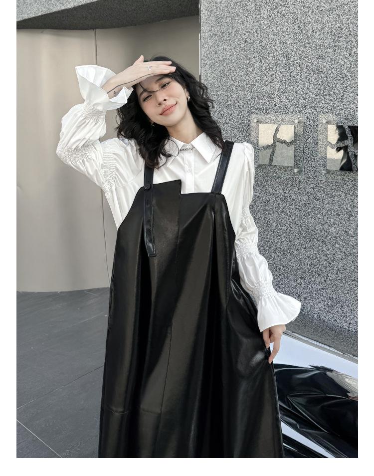 Yamamoto Women's Dark PU Leather Suspender Dress - Shiny, Loose-Fit, Spring/Autumn Fashion.