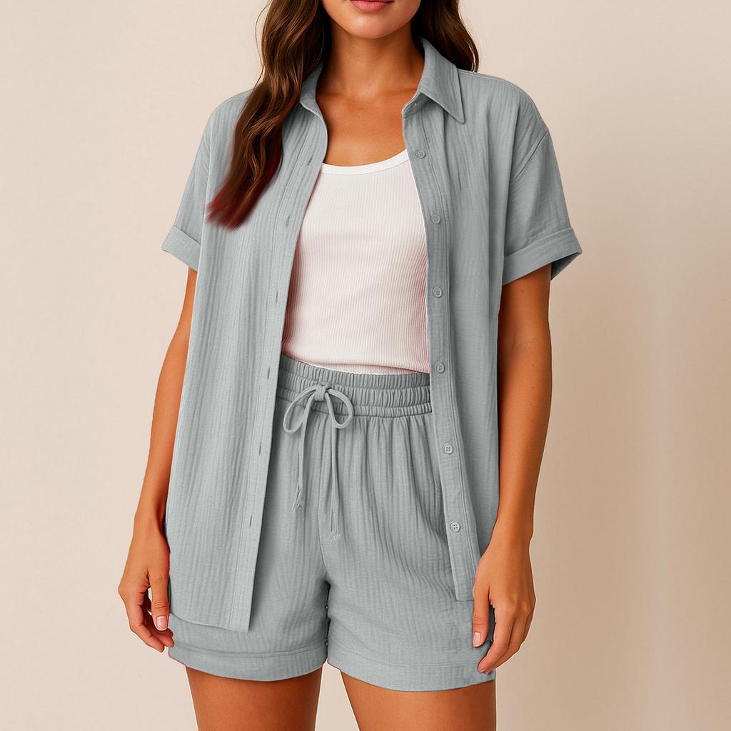 Women's Casual And Fashionable Solid Color Lapel Short Sleeved Shirt Top, High Waisted Drawstring Shorts Set