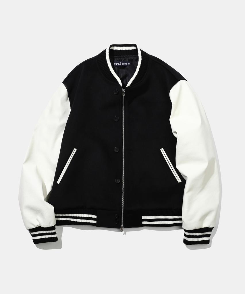 Trip Le Sens Double Button Zipper Wool Varsity Jacket_Red