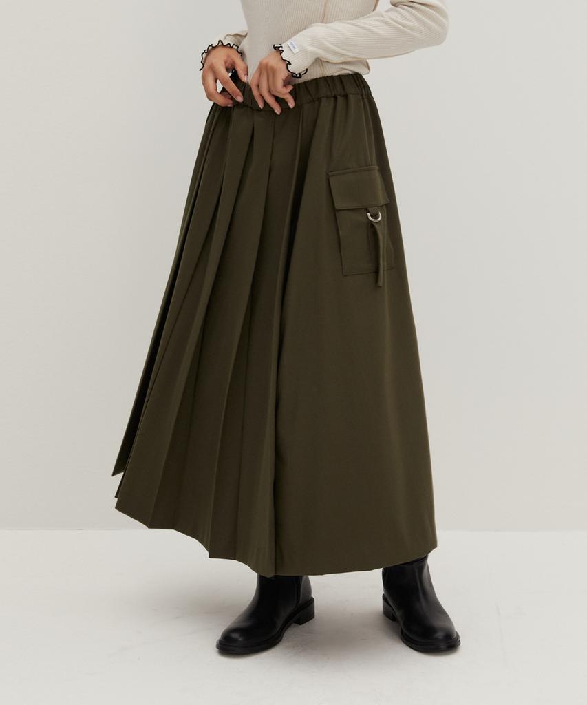 Raverous Pleated Long Skirt Khaki
