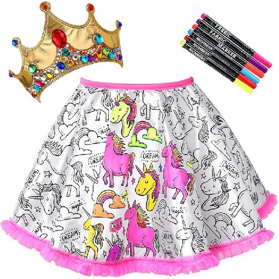 RICHNESS Color Your Own Dress Princess Dress Up Skirt with Fabric Markers & Self-adhesive Jewels Unicorn