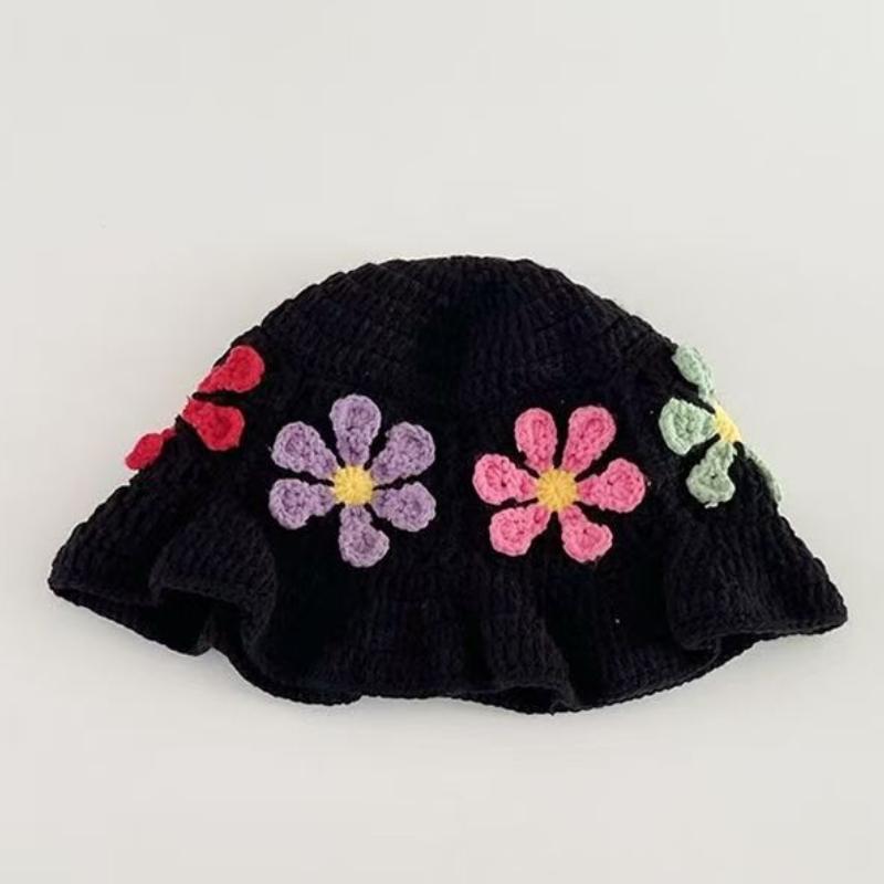 Nischen-Hut im japanischen Stil mit bunten Blumen, hohl gestrickt, Fischerhut für Damen, Frühlings- und Sommer-Strandurlaubsstil, handgefertigter Basin-Hut