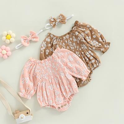 Newborn Girl Romper Outfits, Long Sleeve Floral Printed Pleated Romper + Cute Bow-Knot Headband Set