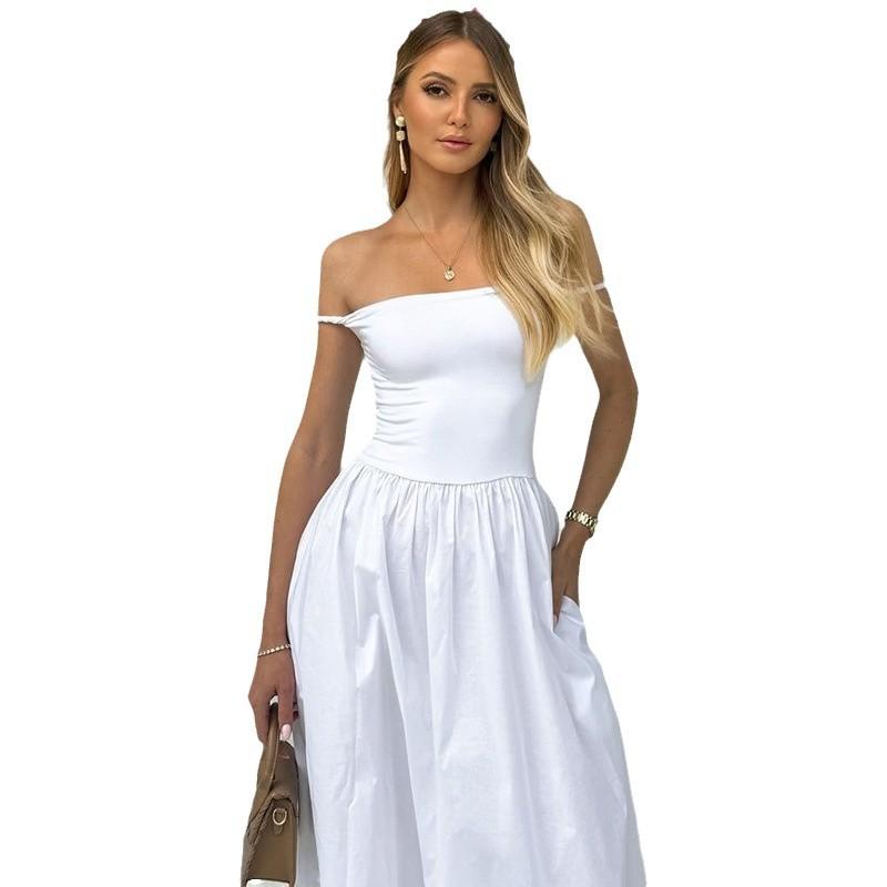 Women's Autumn and Winter Fashion Sexy One-line Shoulder with Chest Pleated Solid Color Dress