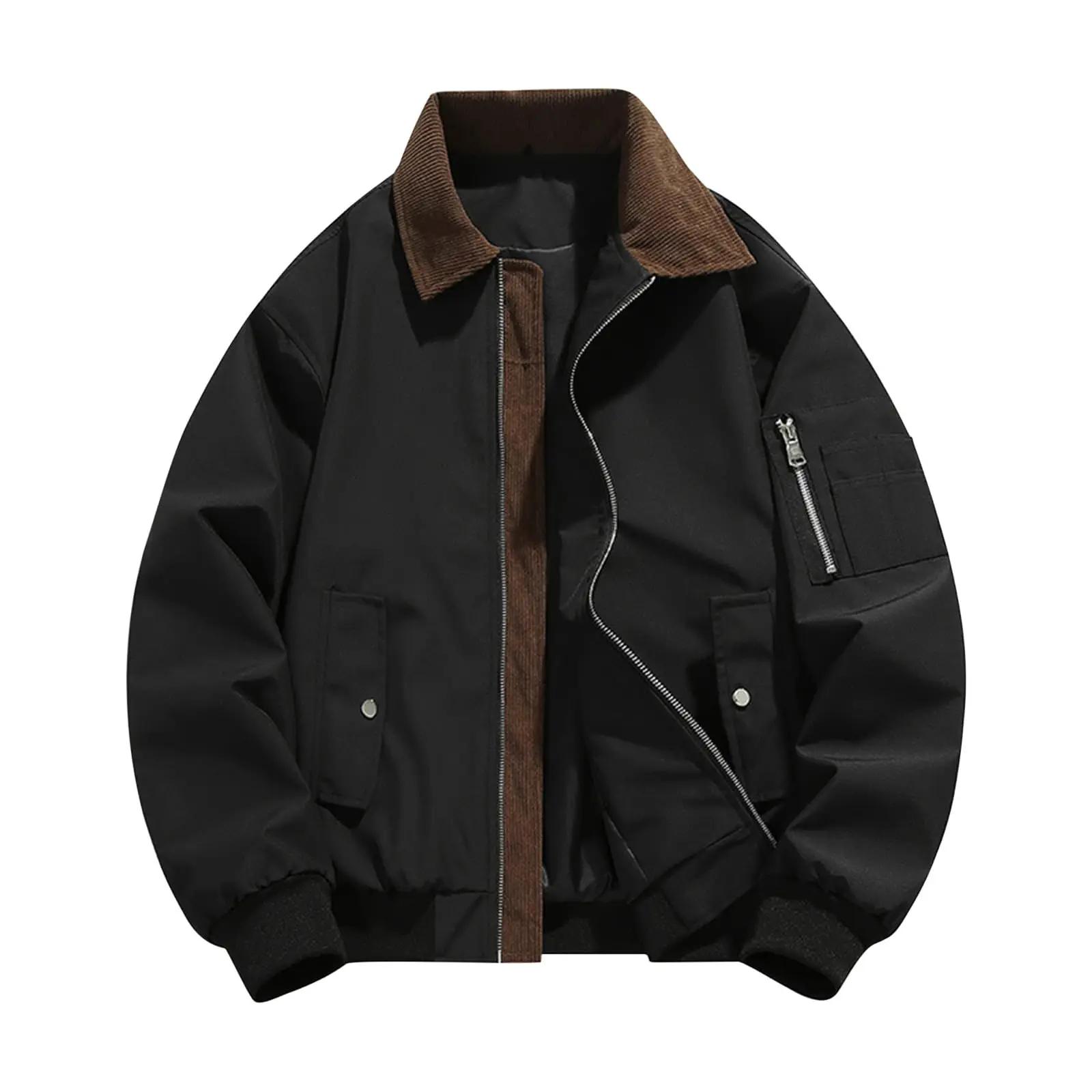 

Men s Autumn Winter Turn Down Collar Jacket Solid Color Casual Sports Jacket Full Zipper Lightweight Outdoor Workwear Tops M чорний