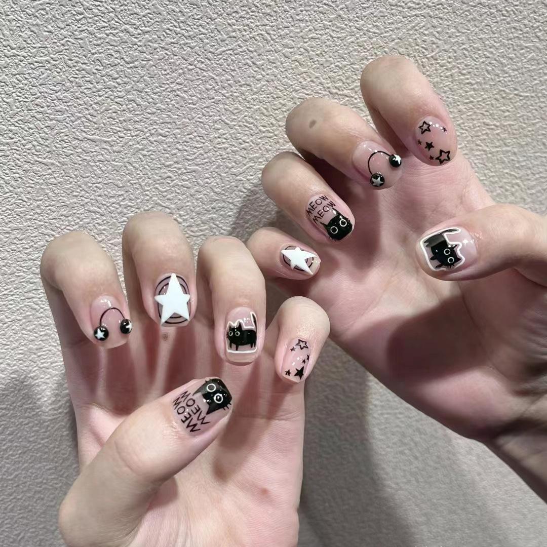 

24PCS Maillard Ins Nail Tips Cute Cartoon Rabbit Sweet Star Heart Short Square False Nails Autumn Winter Brown Plaid Fake Nails