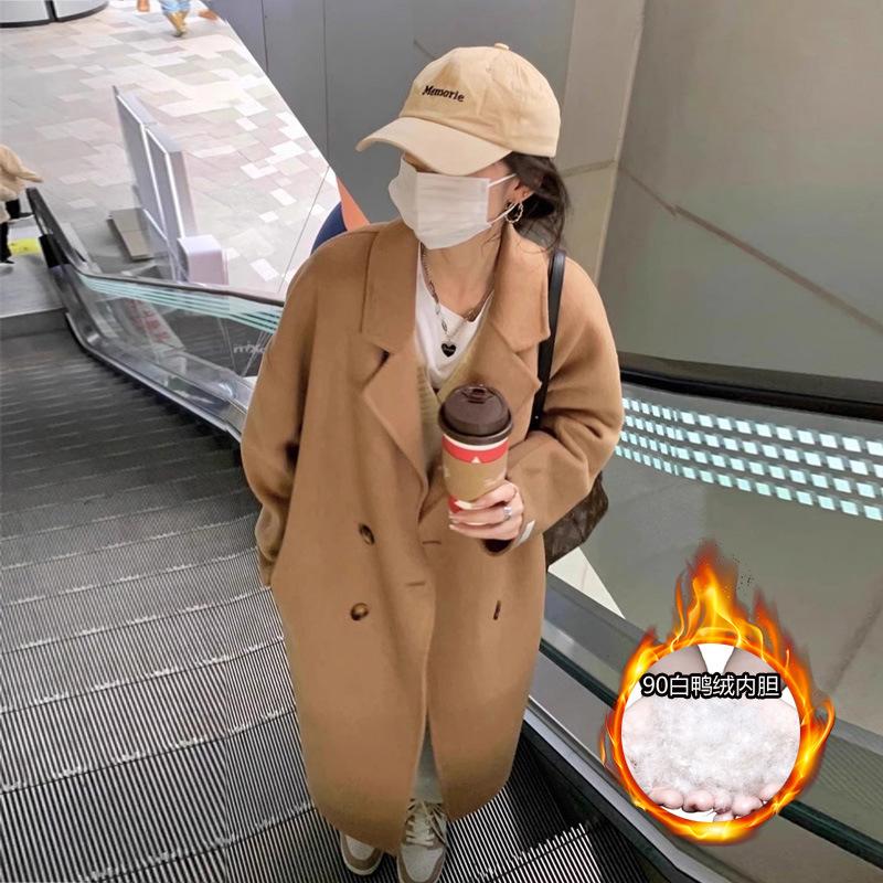 Black medium and long down jacket women's winter small man feeling down liner cashmere woolen coat coat