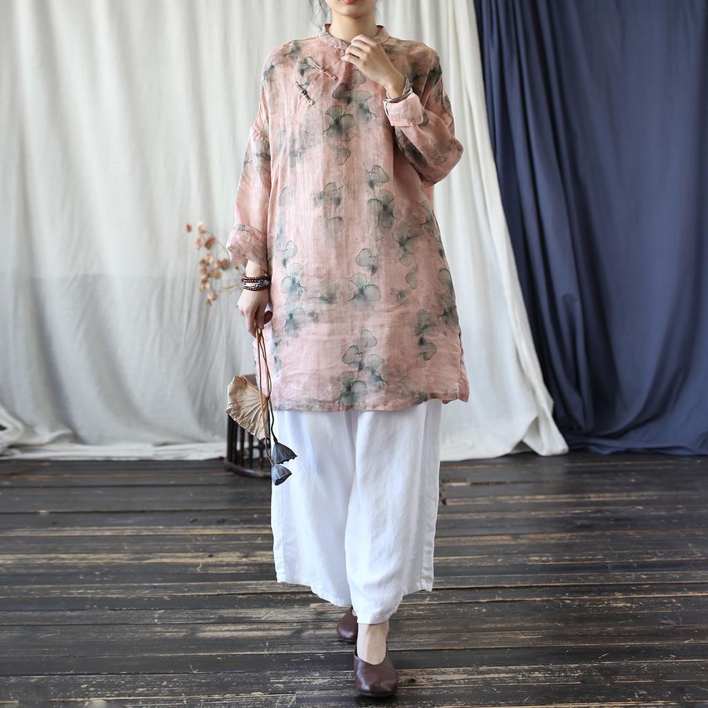 Johnature Vintage Stand Long Sleeve Shirts For Women Print Floral Tops Autumn Loose Chinese Style Female Shirts