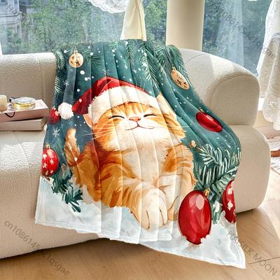 Multi-size Festive Cat In Snow Pattern Blanket Flannel Material Soft Warm for All Seasons Home Outdoor Camping Picnics RV Gifts