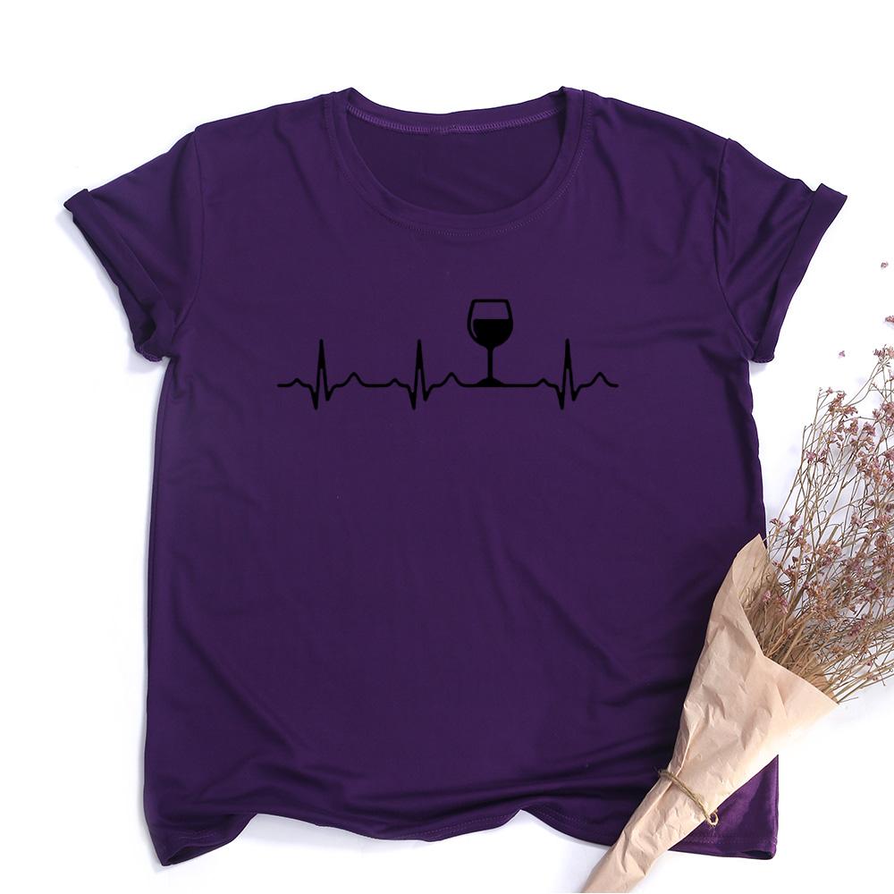 Wine Heartbeat Print T Shirt Women Short Sleeve Round Neck Summer Female Funny Tee Tops