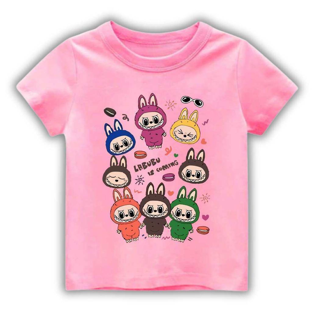 2025 New Children's T-shirt Cartoon Style Multiple LABUBU Printed Round Neck Short Sleeve Casual Girls' Top