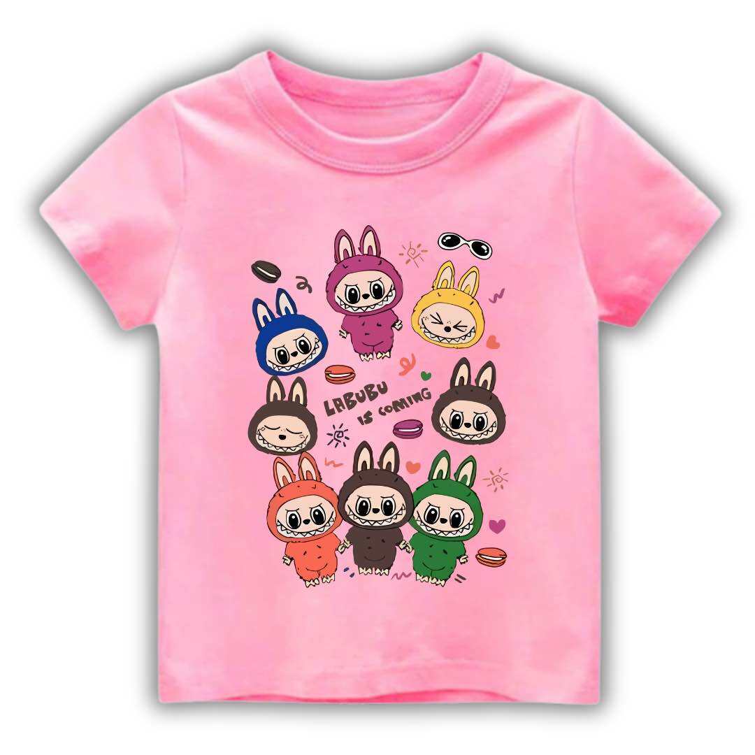 

2025 New Children s T-shirt Cartoon Style Multiple LABUBU Printed Round Neck Short Sleeve Casual Girls Top 160