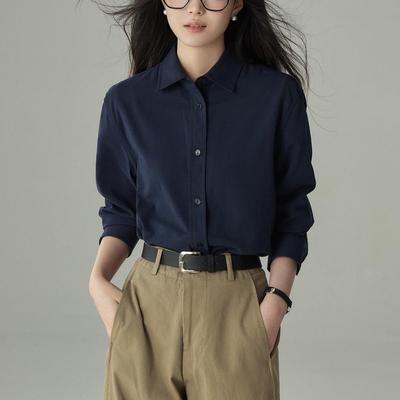 Women's Navy Blue Long-Sleeve Shirt - Classic, Professional, Slim Fit for Autumn and Winter