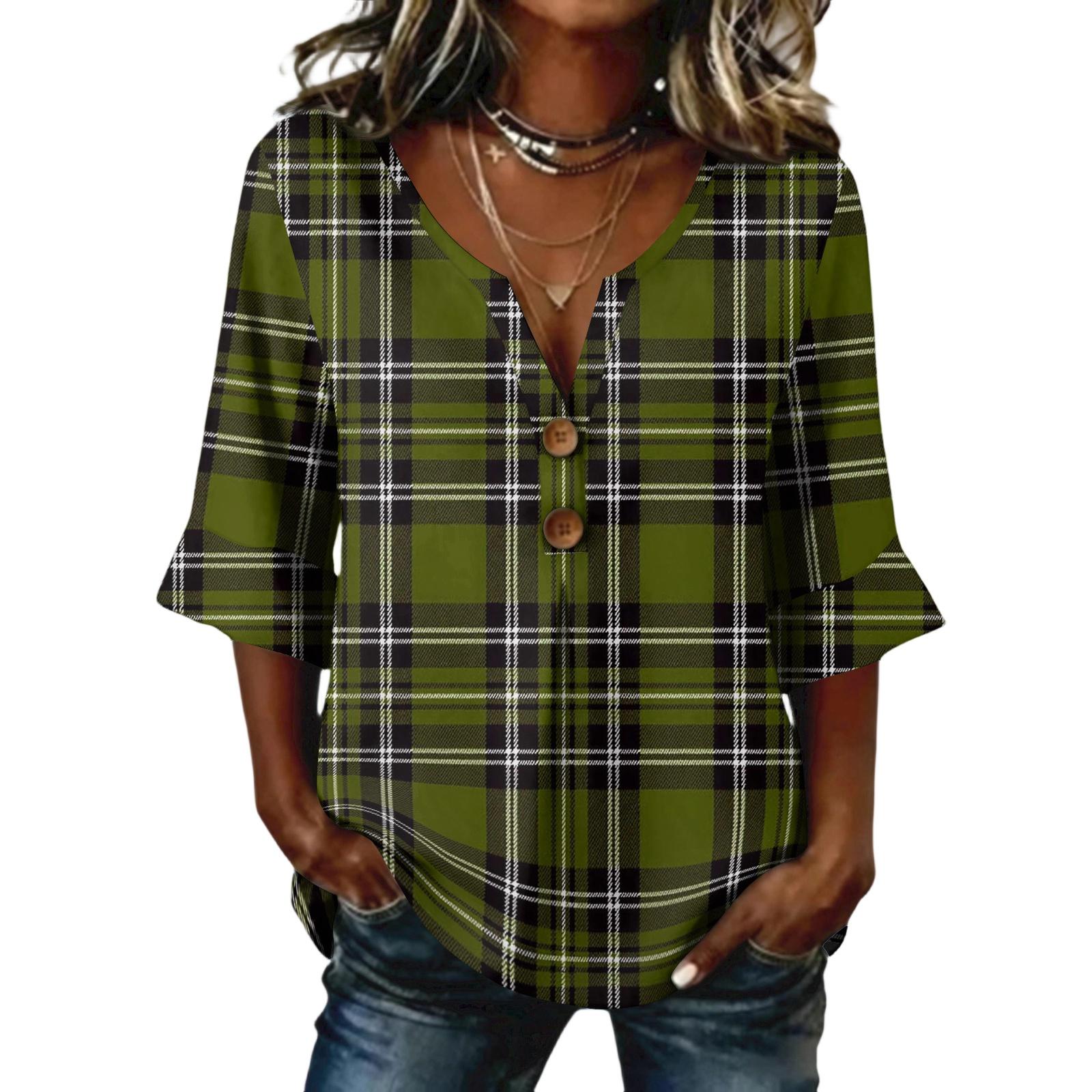 Ladies  plaid printed button casual V-neck fashionable seven quarter sleeve top L армия зеленый