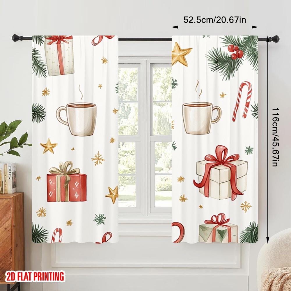 2pcs,2D Plane Printing Window Curtain Christmas Tree Gift Mug Snowflake Polyester (without Rod) Festive Ldeal for Bedroom,