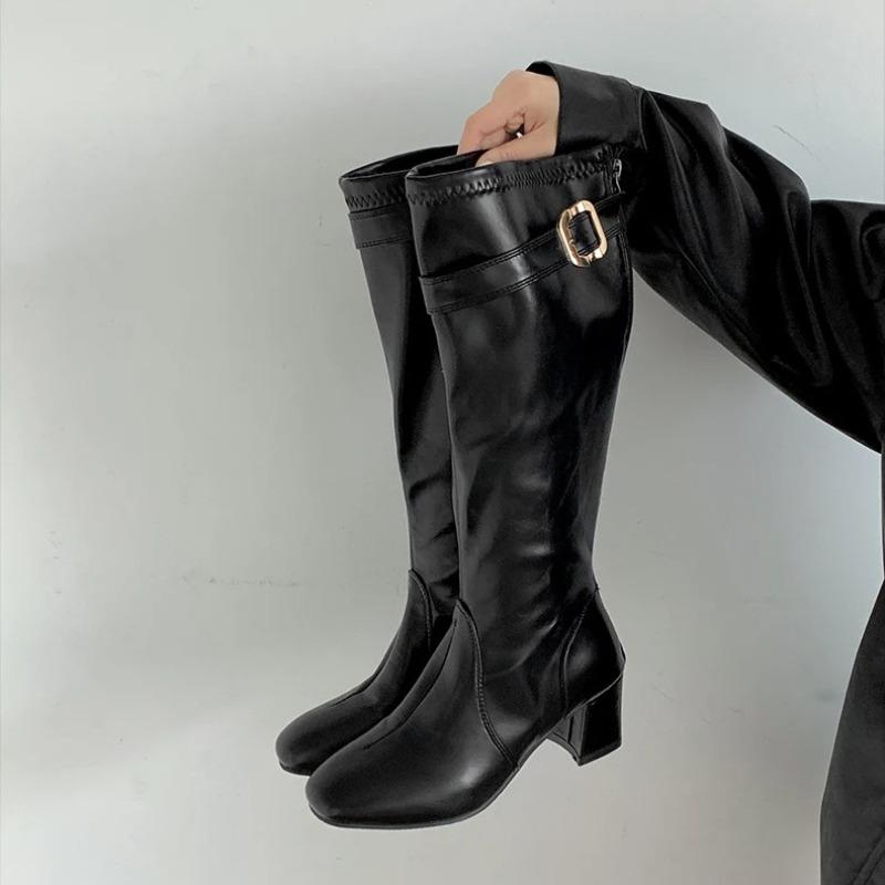 Luxury Women Boots Fashion Square Toe Thick Heel Long Booties Belt Buckle Design Boots Stretch Slim Boots Quality Leather Botas