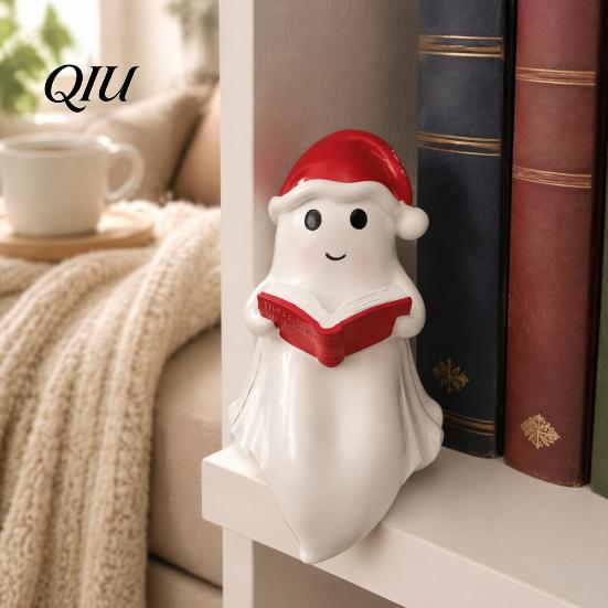 Indoor Tabletop Christmas Decor Cute Ghost Reading Book Lamp, Resin Figurine with Santa Hat, Desktop Ornament for Warm Lighted Halloween Night