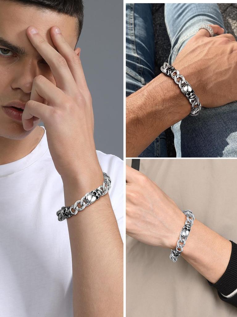 Pulsera Calavera Calavera Popular Acero Inoxidable Plata Grosor 11mm Longitud 21cm [ChainsPro] Para Hombre Para Dejar Puesta