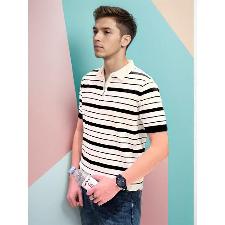 2025 Summer INS Trend Hong Kong Style Wide Stripe Polo Shirt Men's Short Sleeve T-Shirt Casual Versatile Turn-Down Collar Top