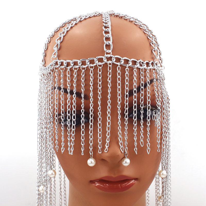 Exaggerated Long Tassel Aluminum Chain Headpiece with Pearl Pendant for Women