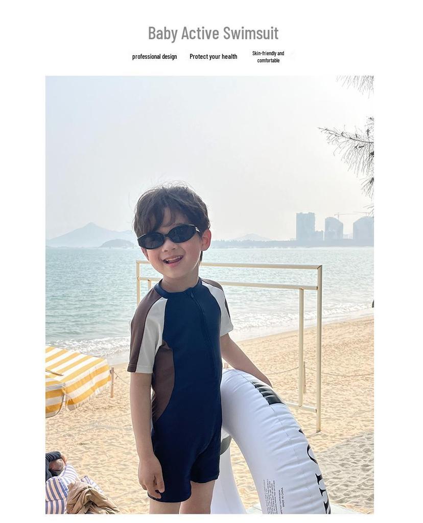 New Toddler Boys' Korean Style Black & White Color Block One-Piece Swimsuit - Quick-Drying & Sun-Protective