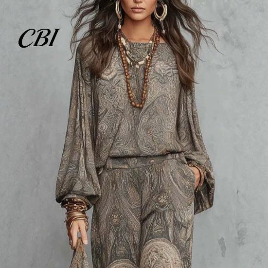 Lightweight Women Clothing Boho Print 2 Piece Sets for Women, Casual Long Sleeve Top Lantern Blouse Wide Leg Pants Matching Sets, Summer Loose Travel