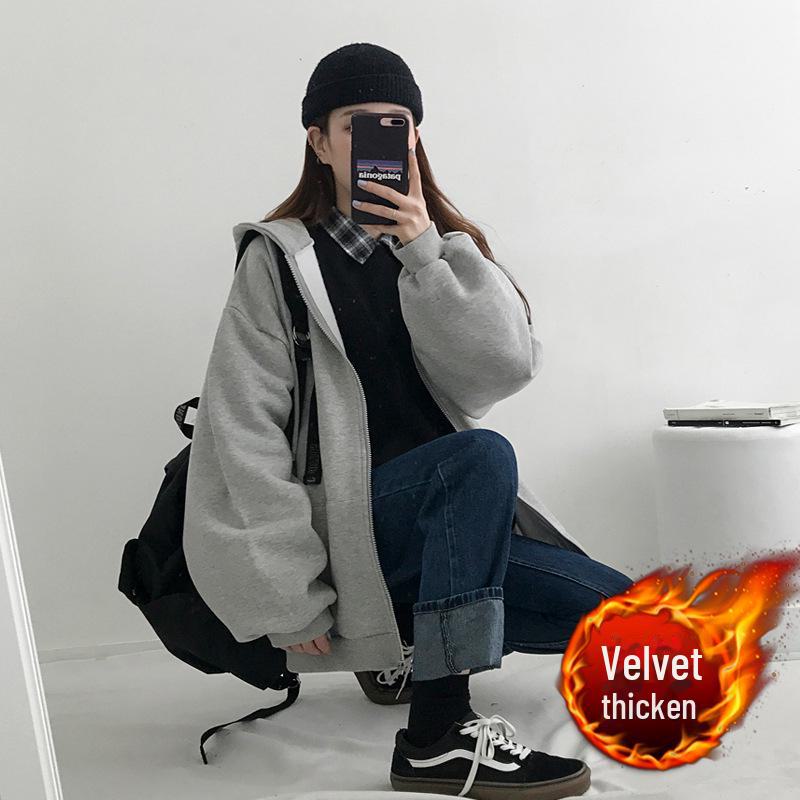 Korean Retro-Inspired Oversized Couple's Hoodie Cardigan - Women's Autumn/Winter Trend